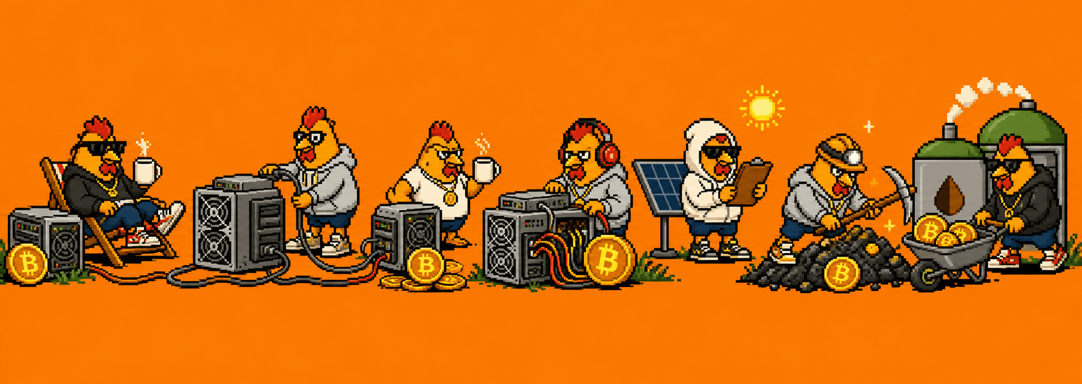 Pixel-art band with chickens, ASICs and energy