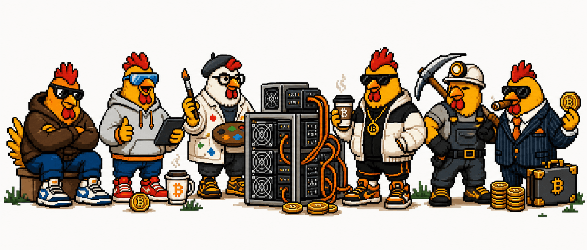 Six POOPMONEY pixel-art chickens with mining equipment