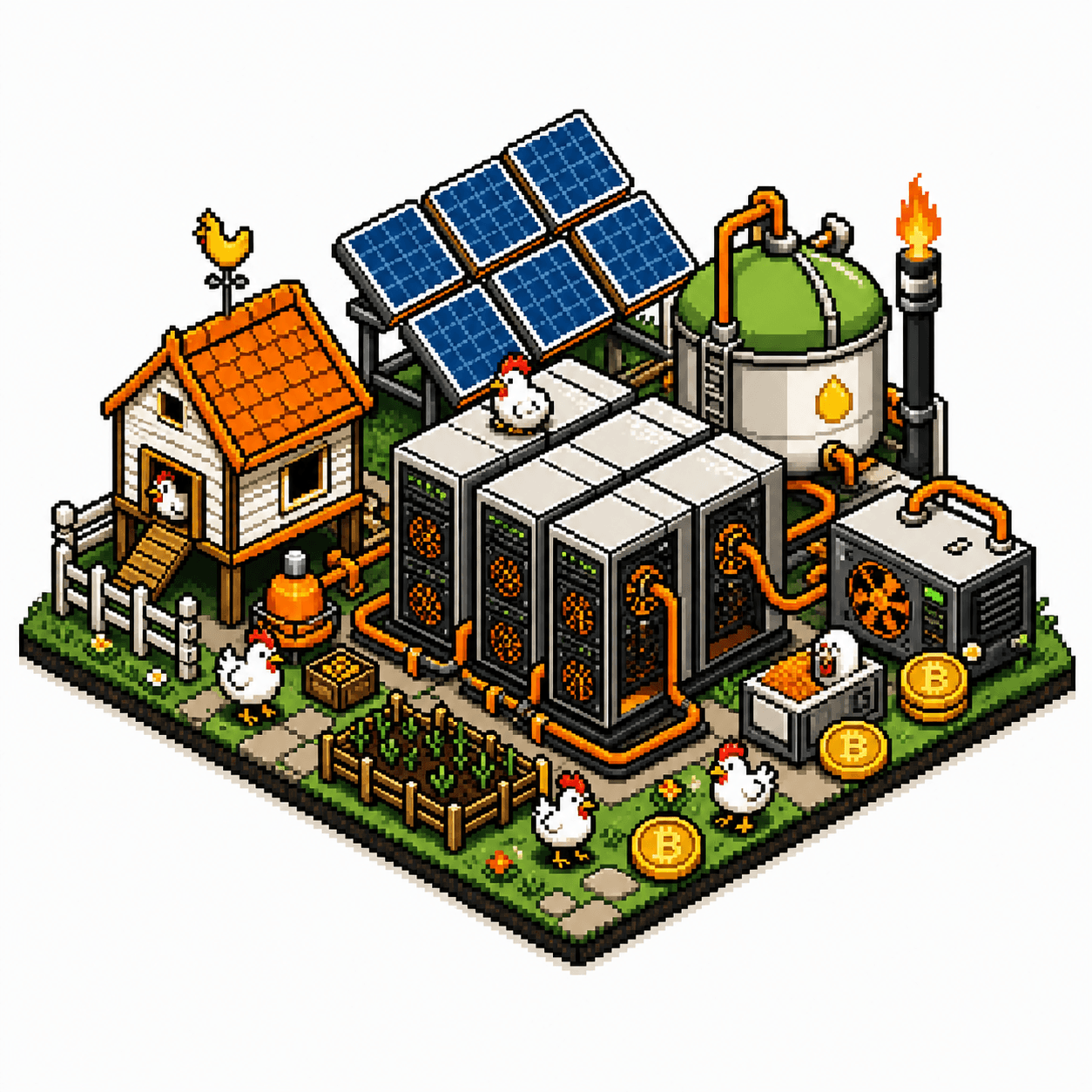 POOPMONEY mining farm with chickens, solar panels and ASICs