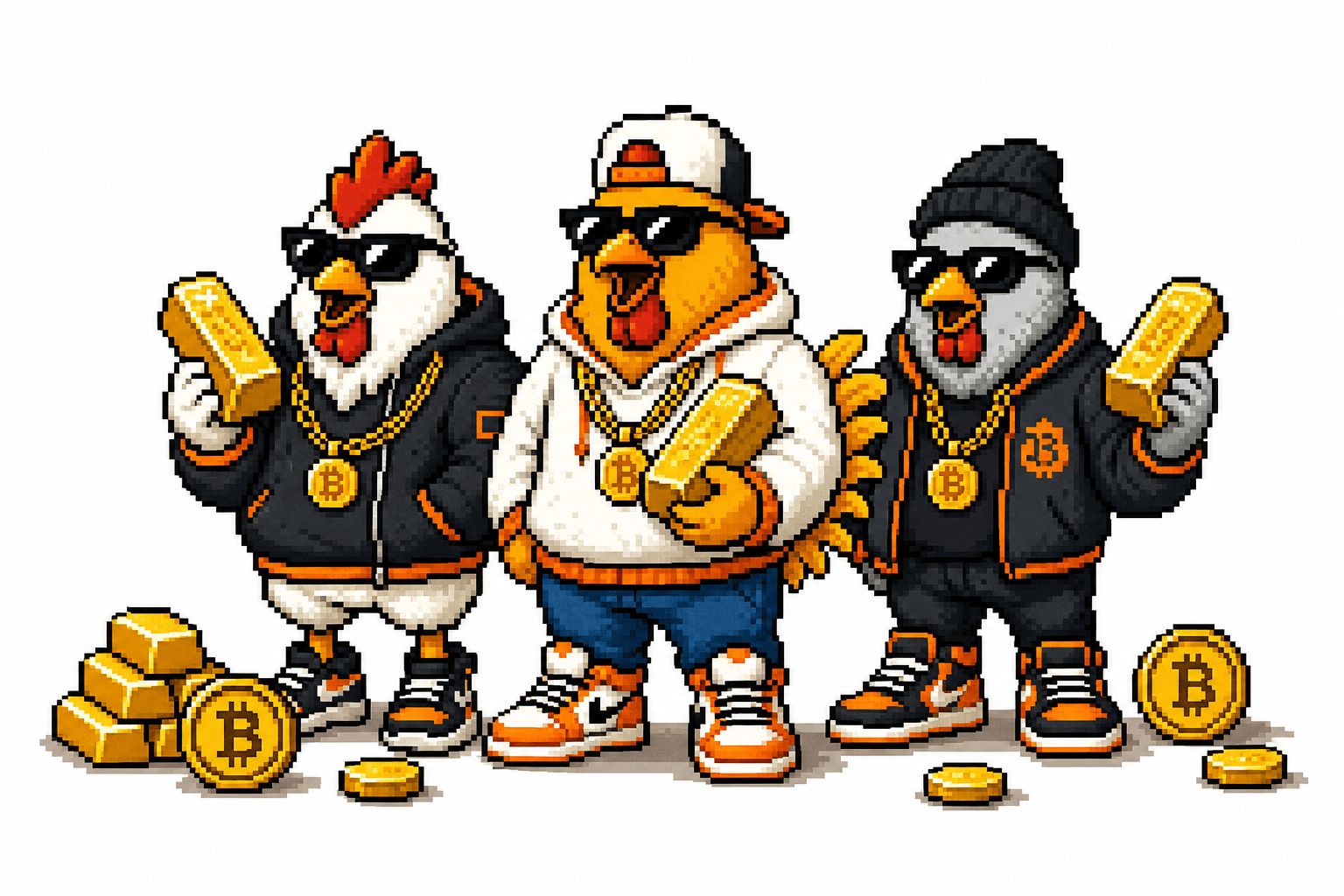 Three POOPMONEY chickens with gold bars