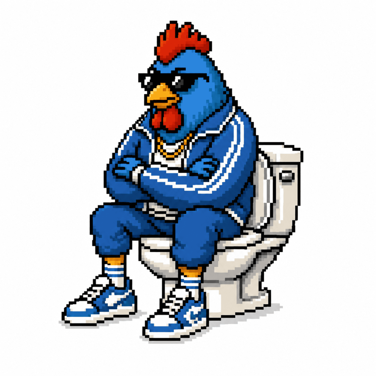 Blue POOPMONEY chicken on a toilet