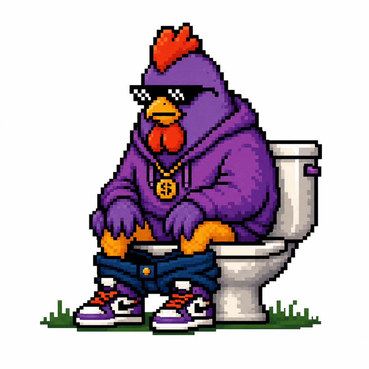 Purple POOPMONEY chicken on a toilet
