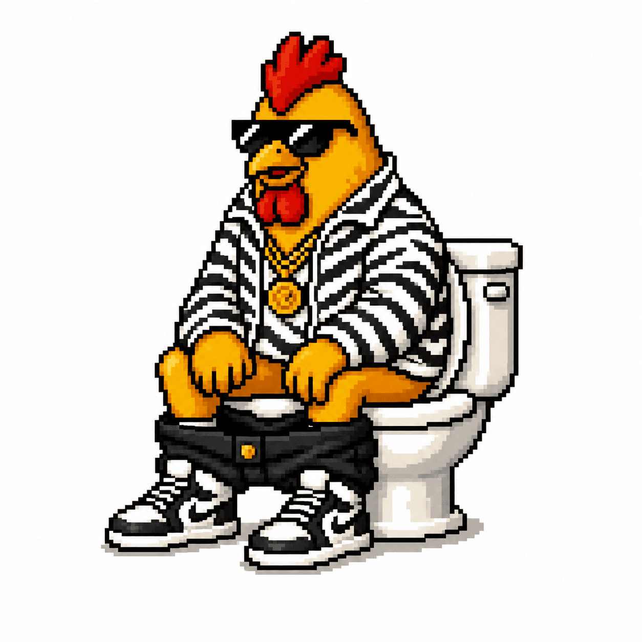 Striped POOPMONEY chicken on a toilet