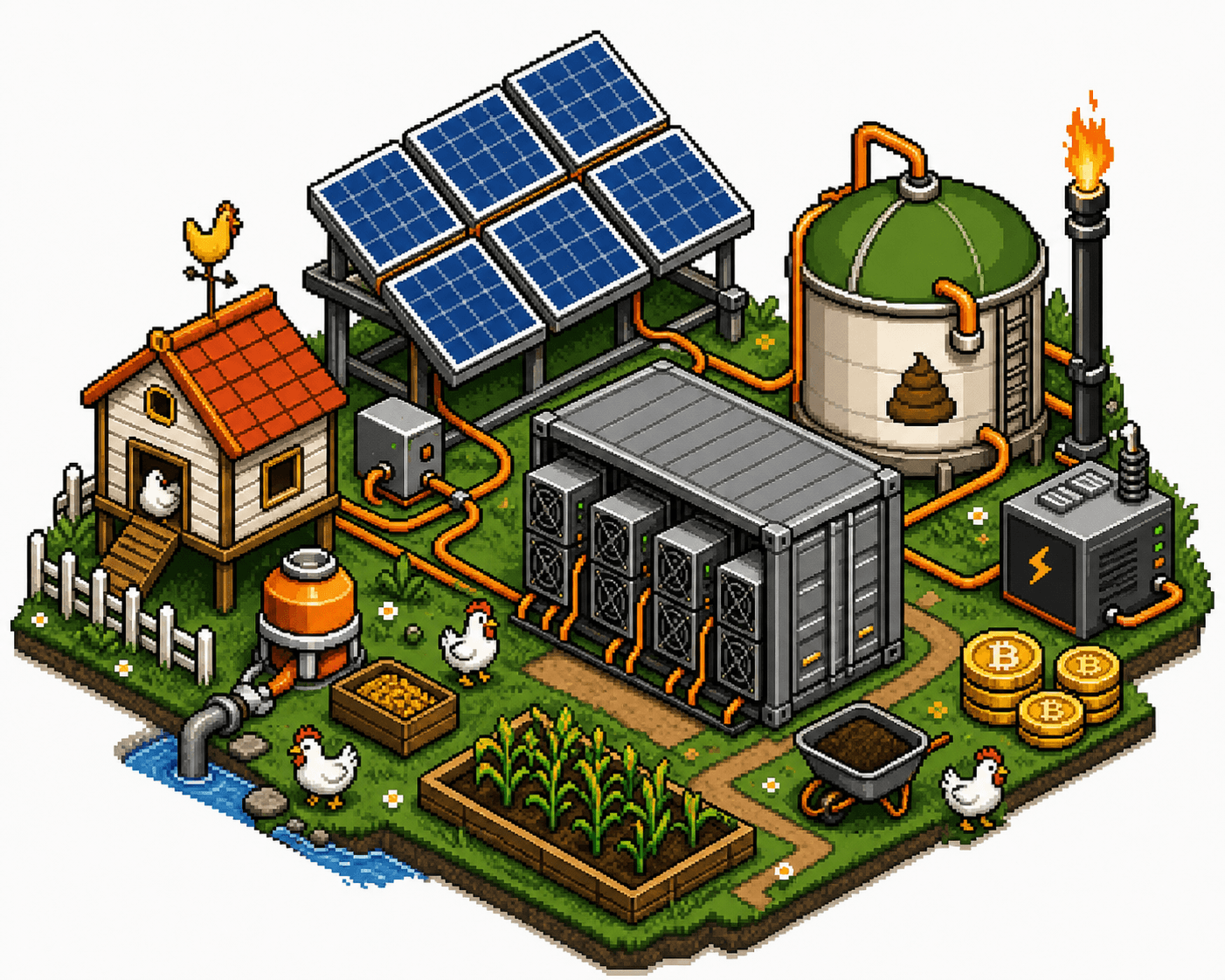POOPMONEY energy infrastructure with solar, biogas and ASICs